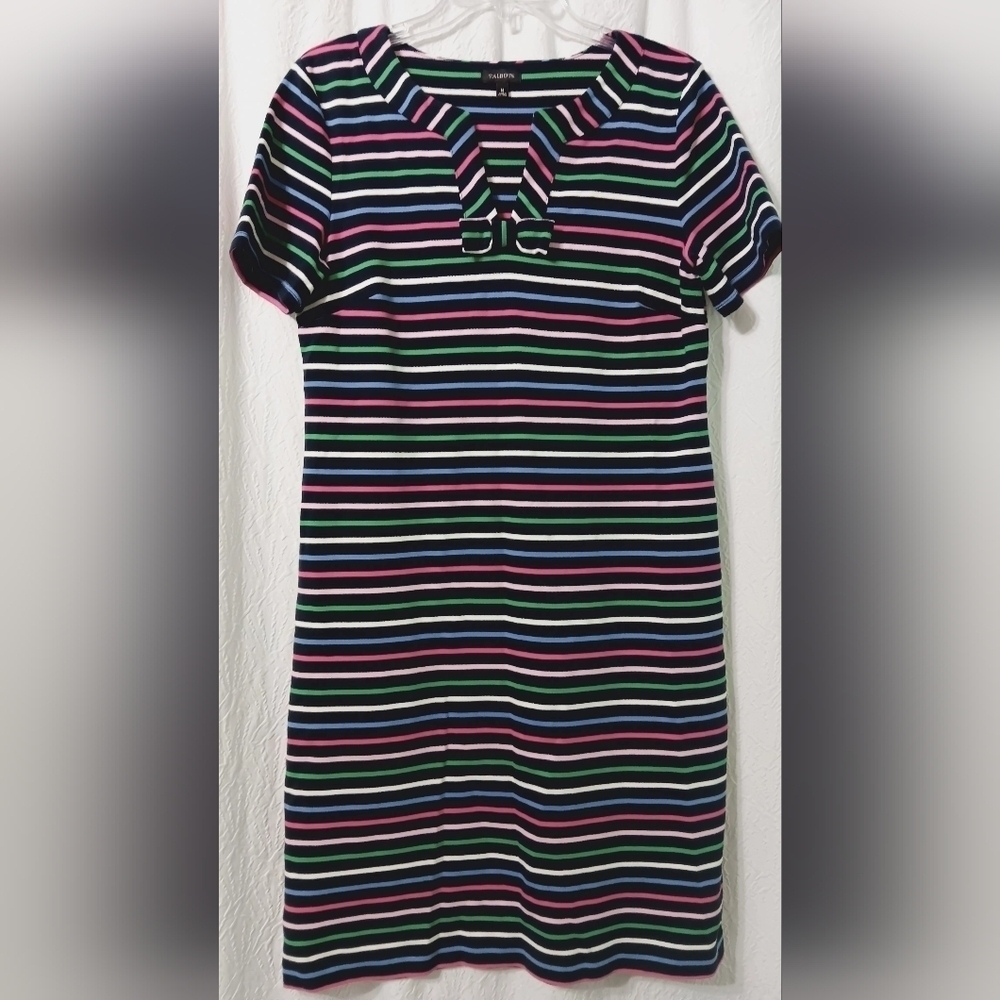Women's Talbots Rainbow Stripe Shift Dress Bow Navy Size Medium